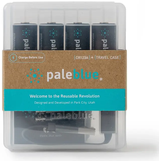 Pale Blue CR123 Rechargeable Batteries 4-Pack, including Charging Cable 