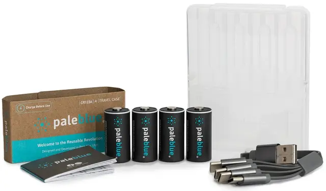 Pale Blue CR123 Rechargeable Batteries 4-Pack, including Charging Cable 